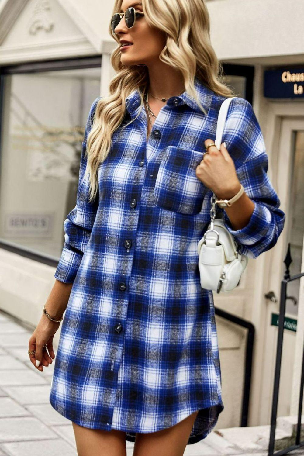 Plaid Curved Hem Longline Shirt Jacket - Blue / S