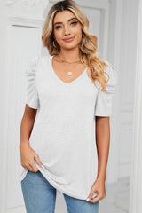 Heathered V-Neck Puff Sleeve T-Shirt - Trendsi