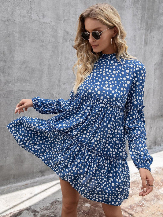 Printed Long Sleeve Tiered Dress - Trendsi