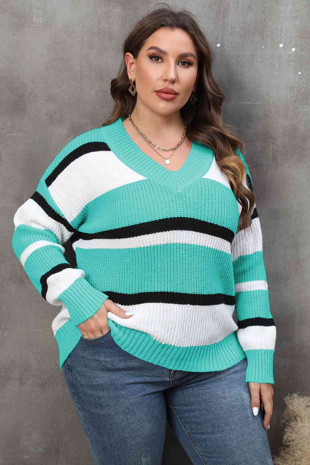 Plus Size Striped V-Neck Dropped Shoulder Sweater - Flyclothing LLC