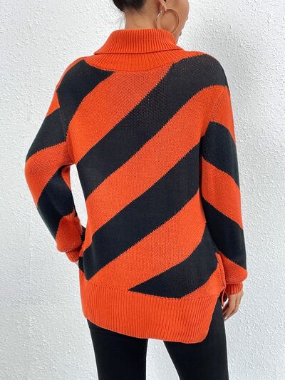 Striped Turtleneck Dropped Shoulder Sweater - Flyclothing LLC