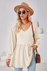 V-Neck Lantern Sleeve Blouse - Flyclothing LLC