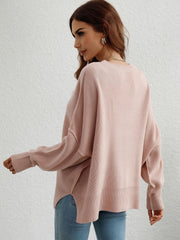 Exposed Seam Dropped Shoulder Slit Sweater - Trendsi