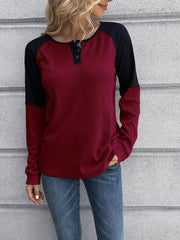 Contrast Buttoned Round Neck Raglan Sleeve Top - Flyclothing LLC