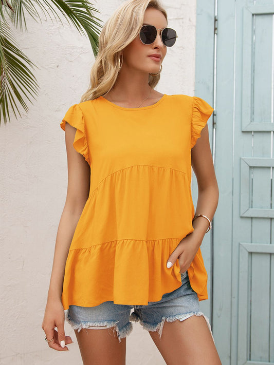 Round Neck Flutter Sleeve Tiered Blouse - Flyclothing LLC