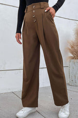 Button-Fly Pleated Waist Wide Leg Pants with Pockets - Trendsi