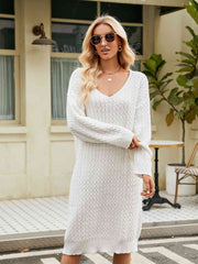 V-Neck Long Sleeve Sweater Dress - Flyclothing LLC