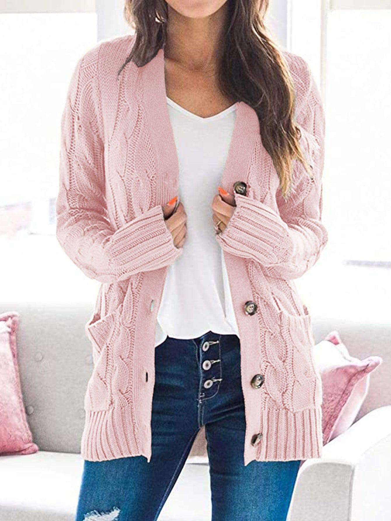 Cable-Knit Buttoned Cardigan with Pockets - Blush Pink / S