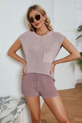 Ribbed Round Neck Pocket Knit Top and Shorts Set - Flyclothing LLC