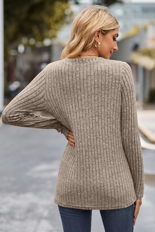 Ribbed Half Button Long Sleeve Knit Top - Trendsi