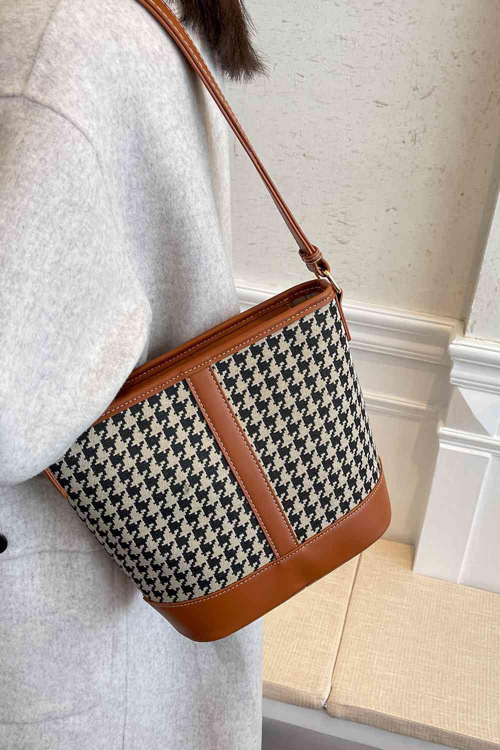 Houndstooth PU Leather Shoulder Bag - Trendsi