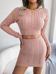 Cable-Knit Round Neck Top and Skirt Sweater Set - Flyclothing LLC