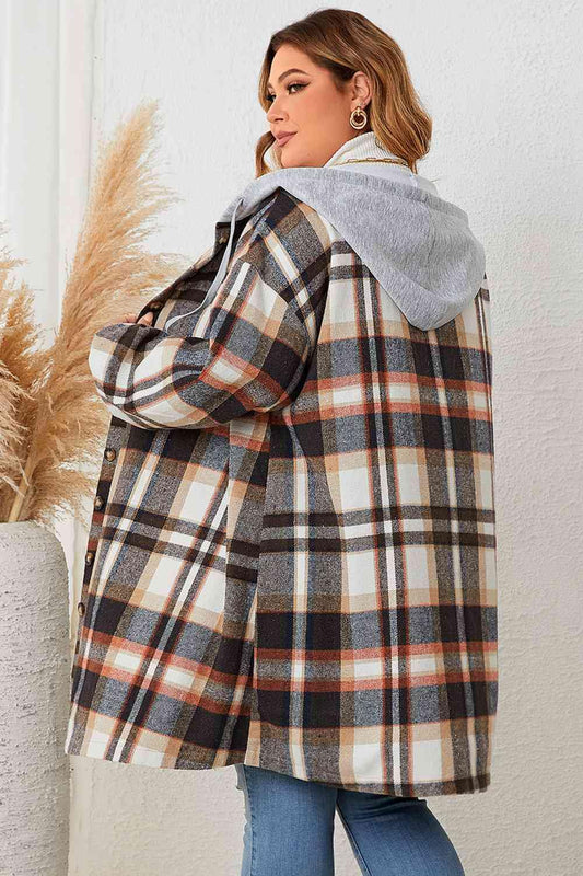 Plus Size Plaid Drop Shoulder Hooded Coat - Flyclothing LLC