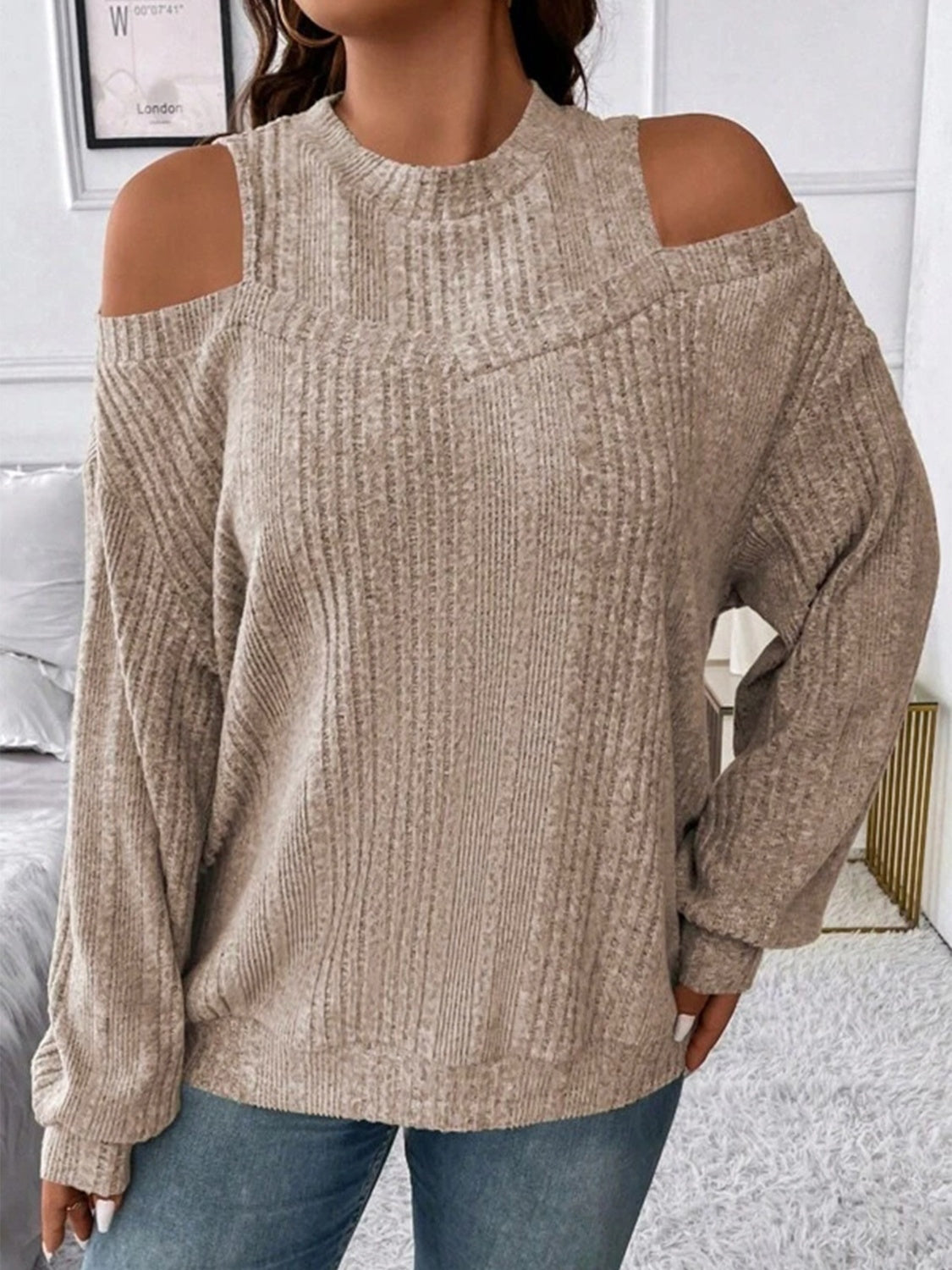 Round Neck Cold Shoulder Sweater - Flyclothing LLC