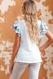 Multicolored Flutter Sleeve Round Neck Blouse - Flyclothing LLC