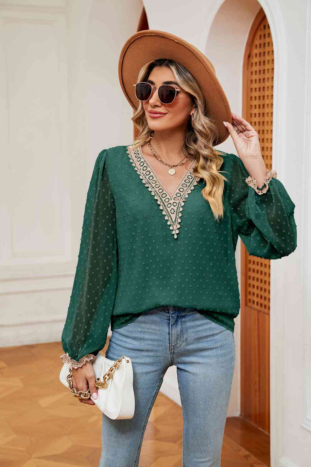 Swiss Dot Contrast V-Neck Blouse - Trendsi