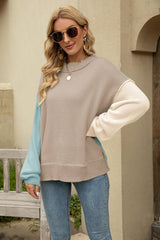 Color Block Round Neck Dropped Shoulder Sweater - Trendsi