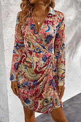 Printed Surplice Neck Long Sleeve Mini Dress - Flyclothing LLC