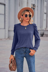 Heathered Puff Sleeve Round Neck Tunic Top - Trendsi