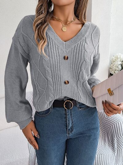 Cable-Knit Buttoned V-Neck Sweater - Flyclothing LLC