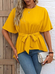 Tied Round Neck Half Sleeve Blouse - Flyclothing LLC