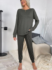 Round Neck Top and Drawstring Pants Lounge Set - Flyclothing LLC