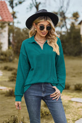 Collared Neck Cable-Knit Long Sleeve Blouse - Flyclothing LLC