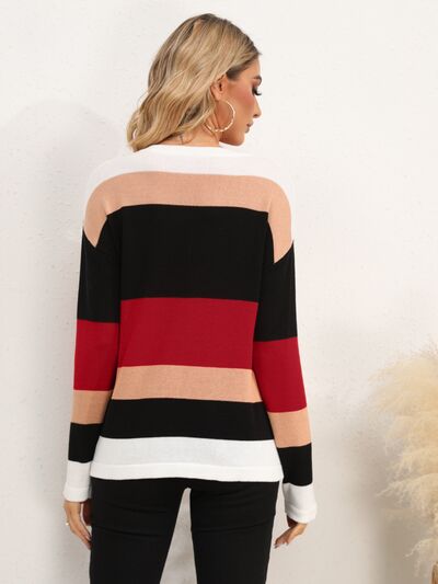 Striped Round Neck Dropped Shoulder Sweater - Flyclothing LLC