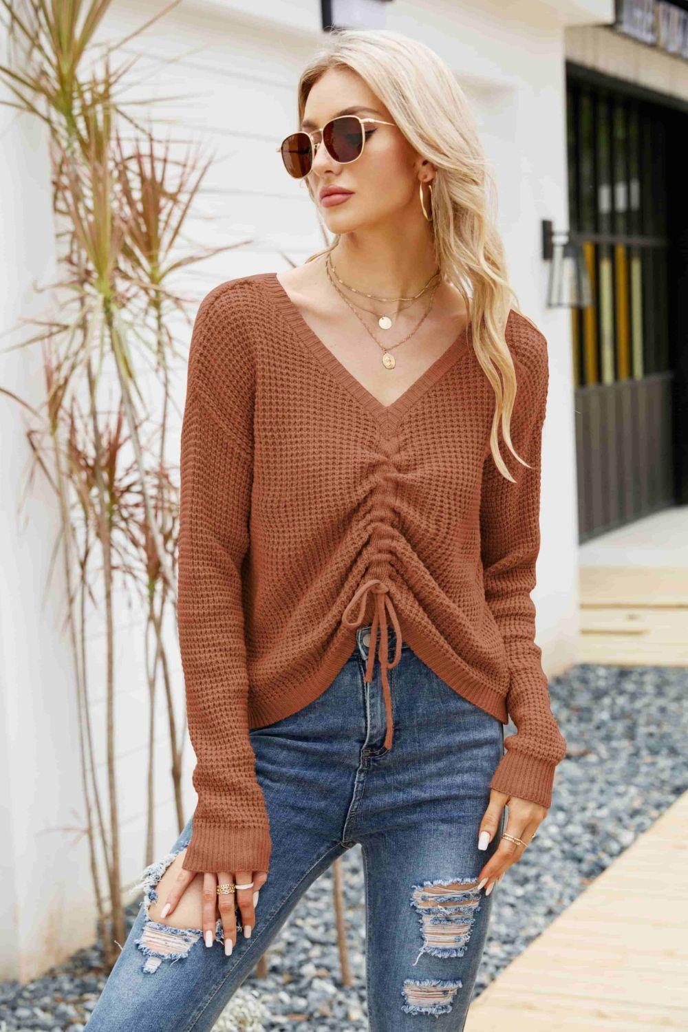 Waffle-Knit Drawstring Detail V-Neck Sweater - Flyclothing LLC