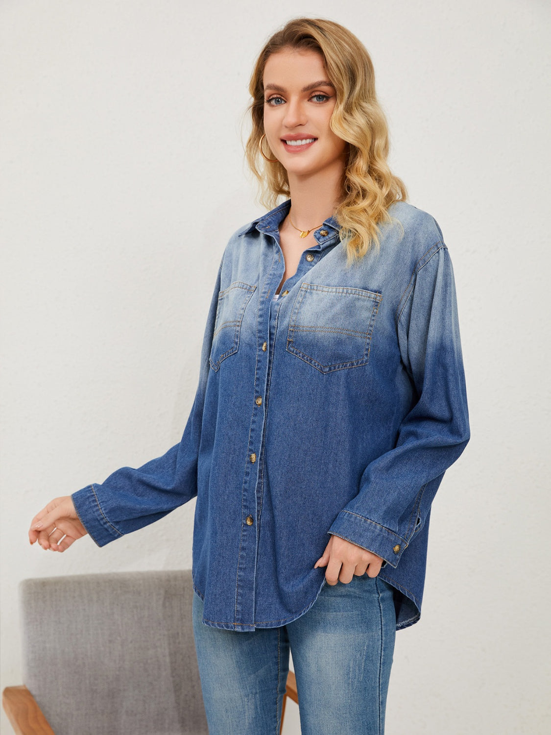 Pocketed Button Up Dropped Shoulder Denim Jakcet - Flyclothing LLC