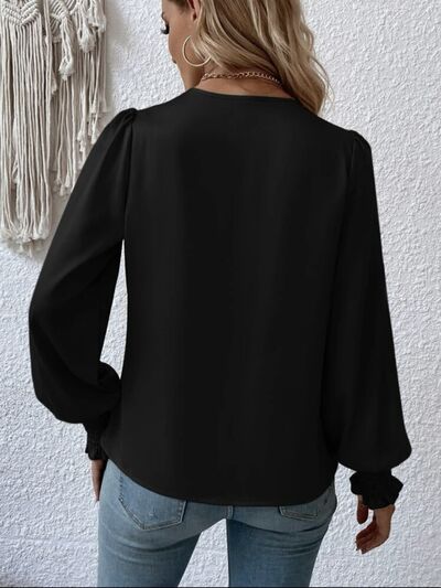 Surplice Smocked Lantern Sleeve Blouse - Flyclothing LLC