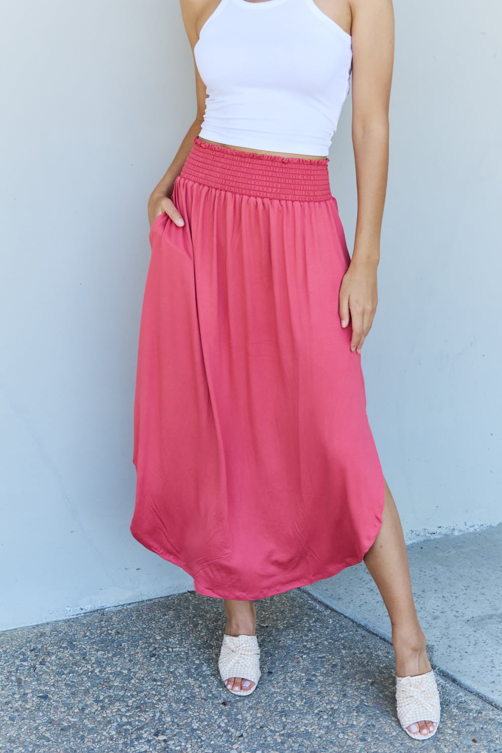 Doublju Comfort Princess Full Size High Waist Scoop Hem Maxi Skirt in Hot Pink - Flyclothing LLC