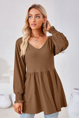 V-Neck Lantern Sleeve Blouse - Flyclothing LLC