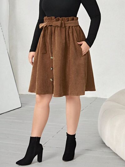 Plus Size Tied Decorative Button Paperbag Waist Skirt - Flyclothing LLC