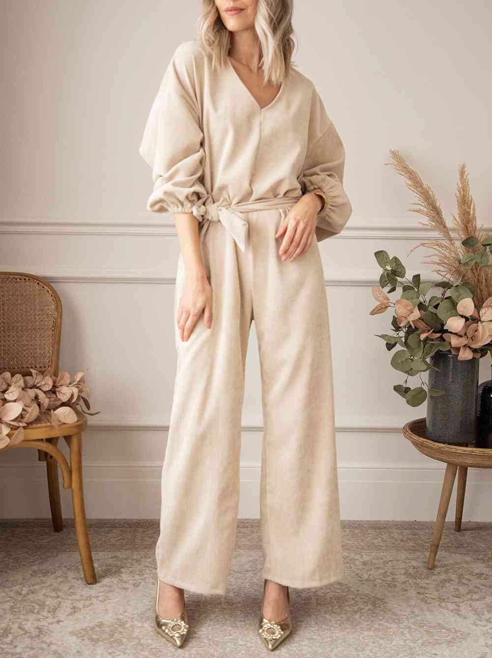 V-Neck Tie Waist Wide Leg Jumpsuit - Flyclothing LLC