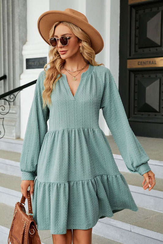 Notched Neck Long Sleeve Mini Dress - Flyclothing LLC