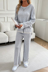 Contrast Trim Round Neck Top and Pants Set - Flyclothing LLC