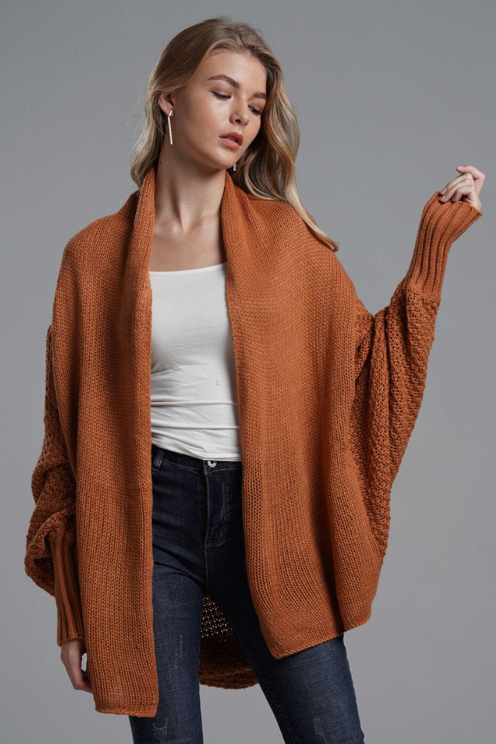 Dolman Sleeve Open Front Ribbed Trim Longline Cardigan - Trendsi