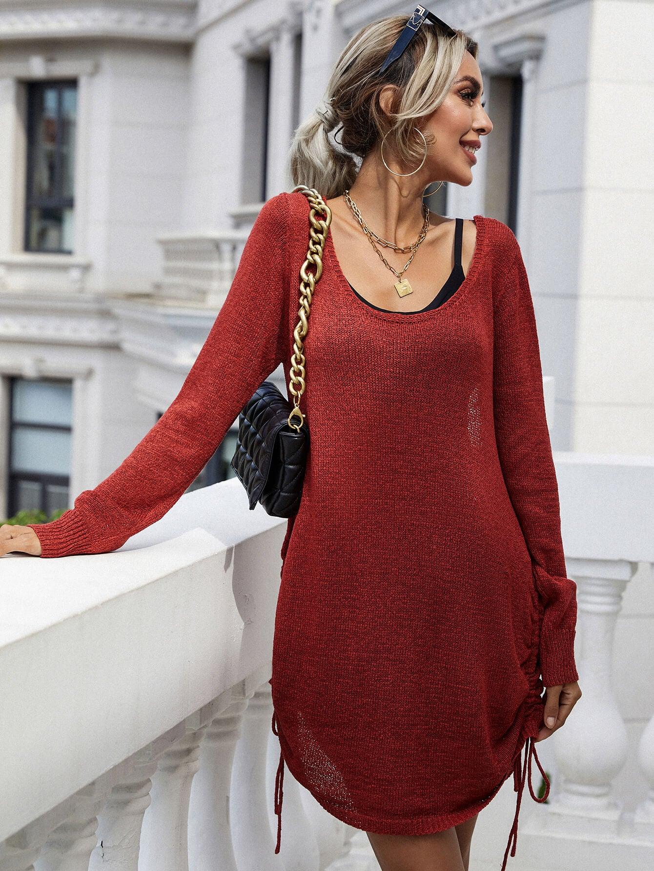 Drawstring Detail Open Back Scoop Neck Knit Top - Trendsi