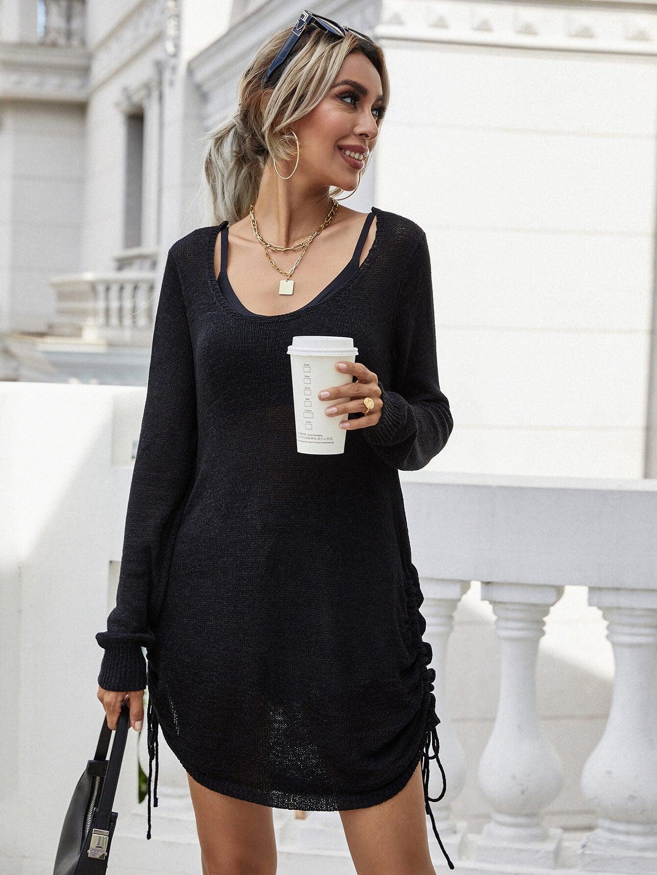 Drawstring Detail Open Back Scoop Neck Knit Top - Trendsi