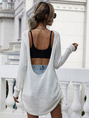 Drawstring Detail Open Back Scoop Neck Knit Top - Trendsi