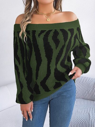 Off-Shoulder Animal Print Long Sleeve Sweater - Flyclothing LLC