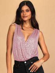 Sequin Surplice Sleeveless Bodysuit - Flyclothing LLC