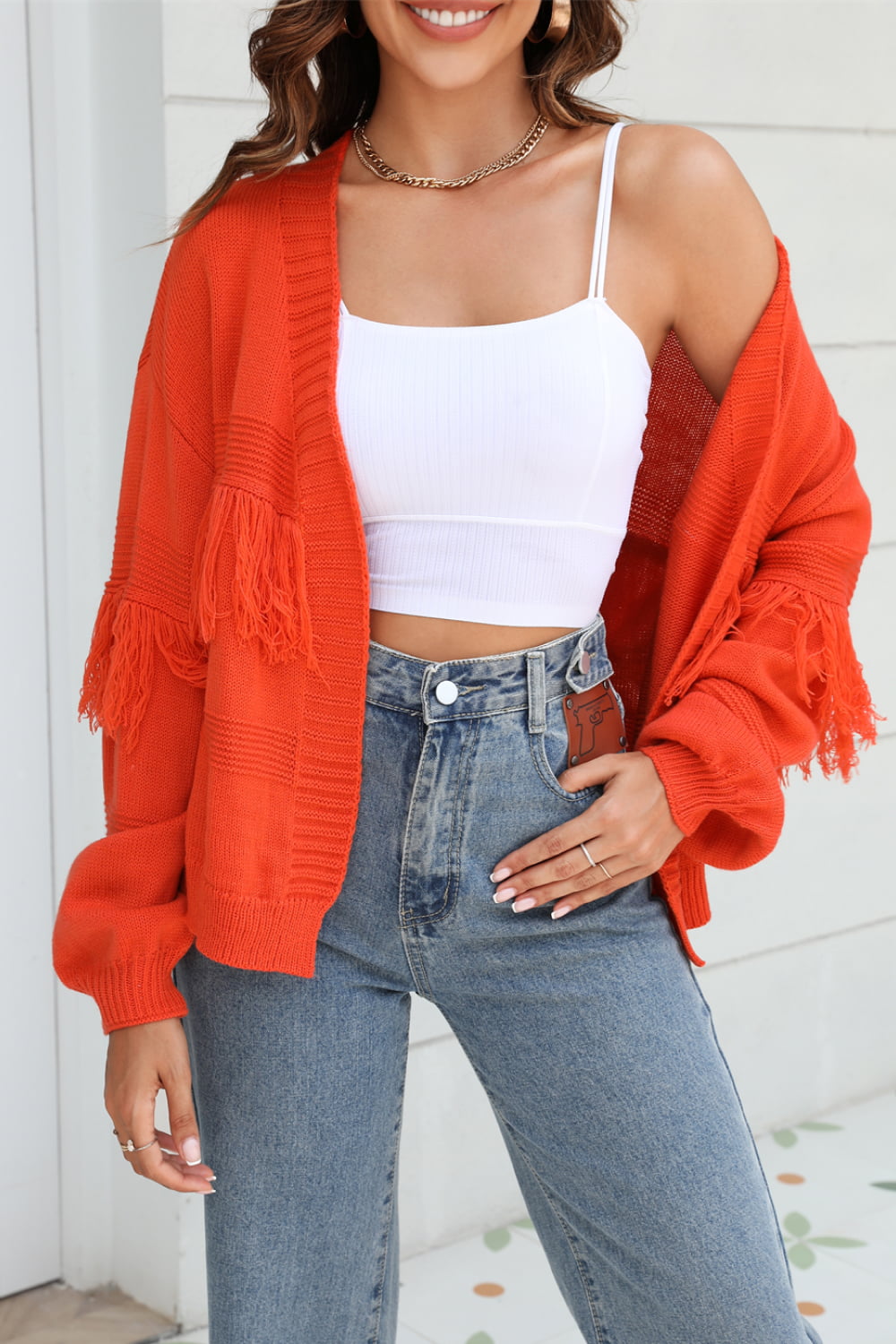 Fringe Trim Open Front Cardigan - Flyclothing LLC