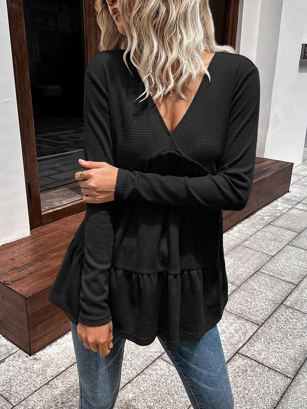 Waffle-knit V-Neck Long Sleeve Blouse - Flyclothing LLC