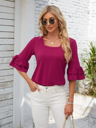 Ruffled Suqare Neck Half Sleeve Blouse - Flyclothing LLC