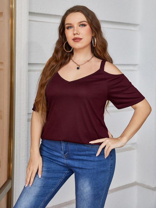 Plus Size V-Neck Cold-Shoulder Blouse - Flyclothing LLC