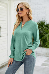 Heathered Flounce Sleeve Curved Hem Top - Trendsi