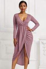 High-low Ruched Surplice Long Sleeve Dress - Flyclothing LLC