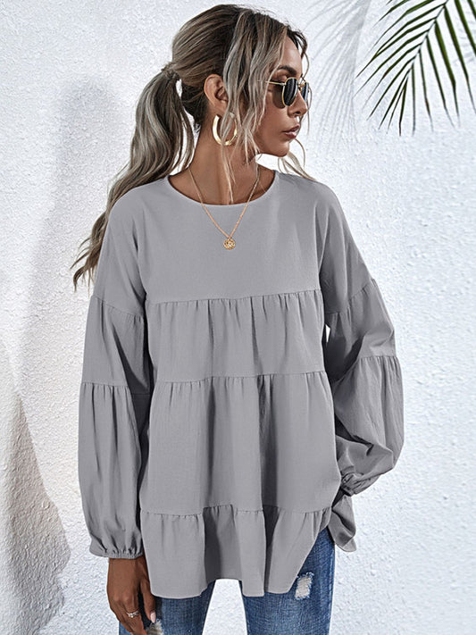 Round Neck Dropped Shoulder Tiered Blouse - Flyclothing LLC